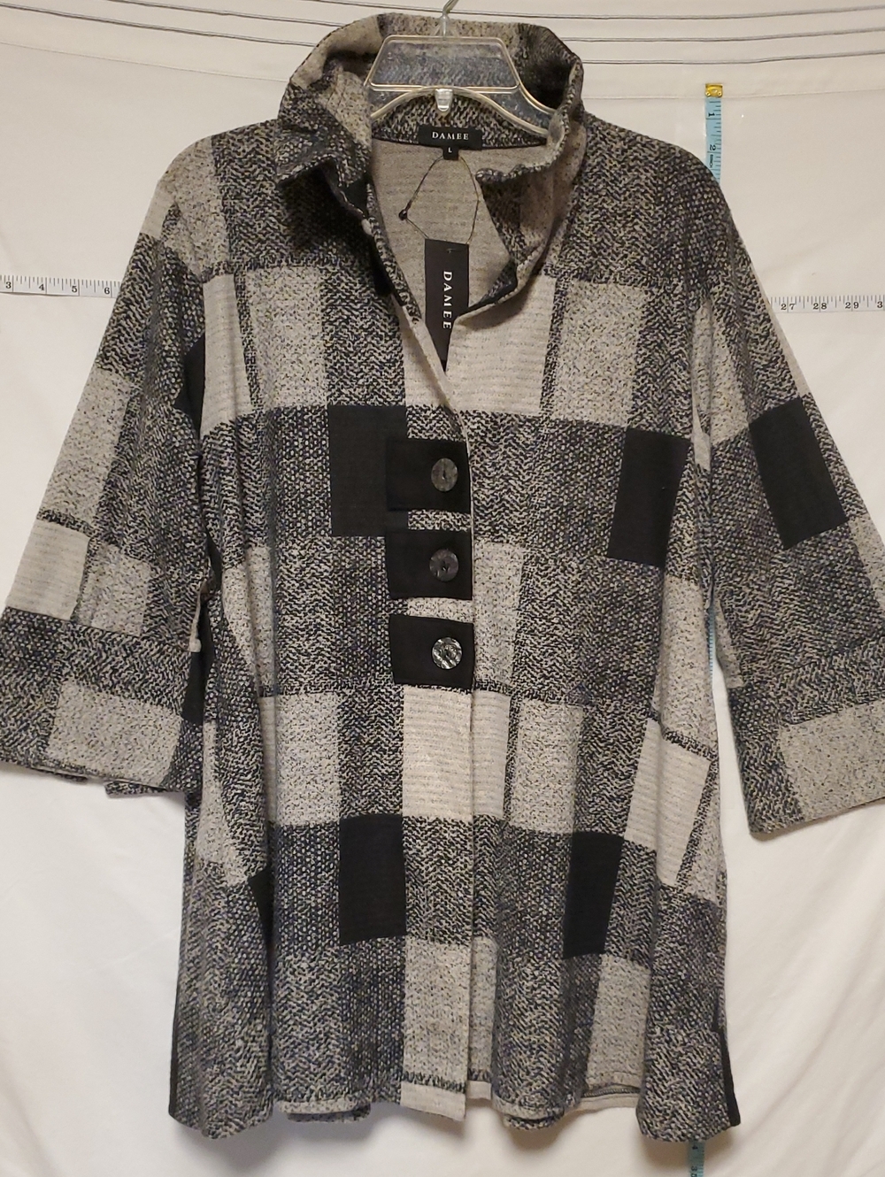 Damee New Wire Collar White Black Plaid Shirt Jacket Button LG Artsy Lagenlook